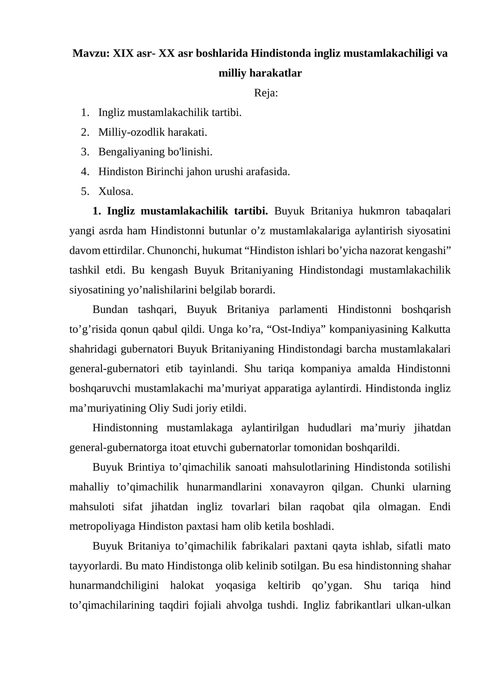 Mavzu: XIX asr- XX asr boshlarida Hindistonda ingliz mustamlakachiligi va milliy harakatlar