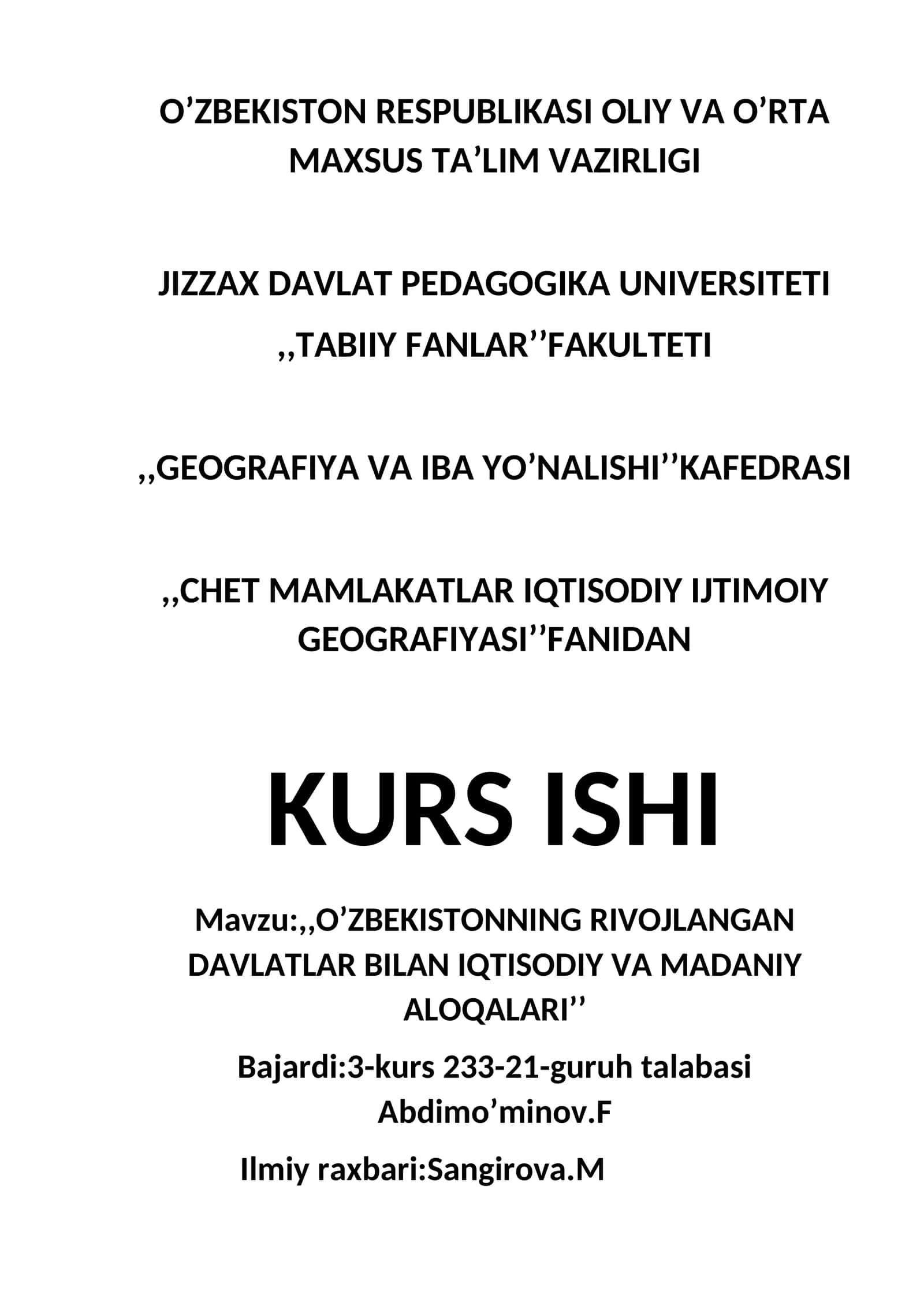 O’ZBEKISTONNING RIVOJLANGAN DAVLATLAR BILAN IQTISODIY VA MADANIY ALOQALARI