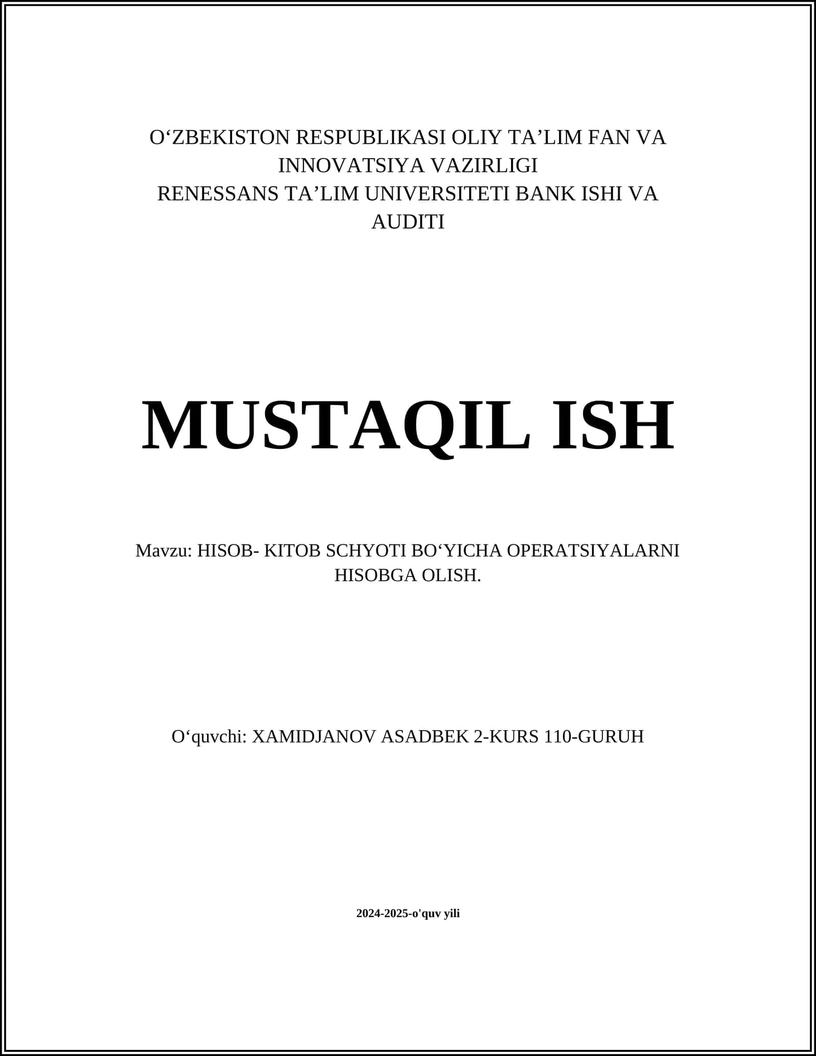 HISOB- KITOB SCHYOTI BOʻYICHA OPERATSIYALARNI HISOBGA OLISH