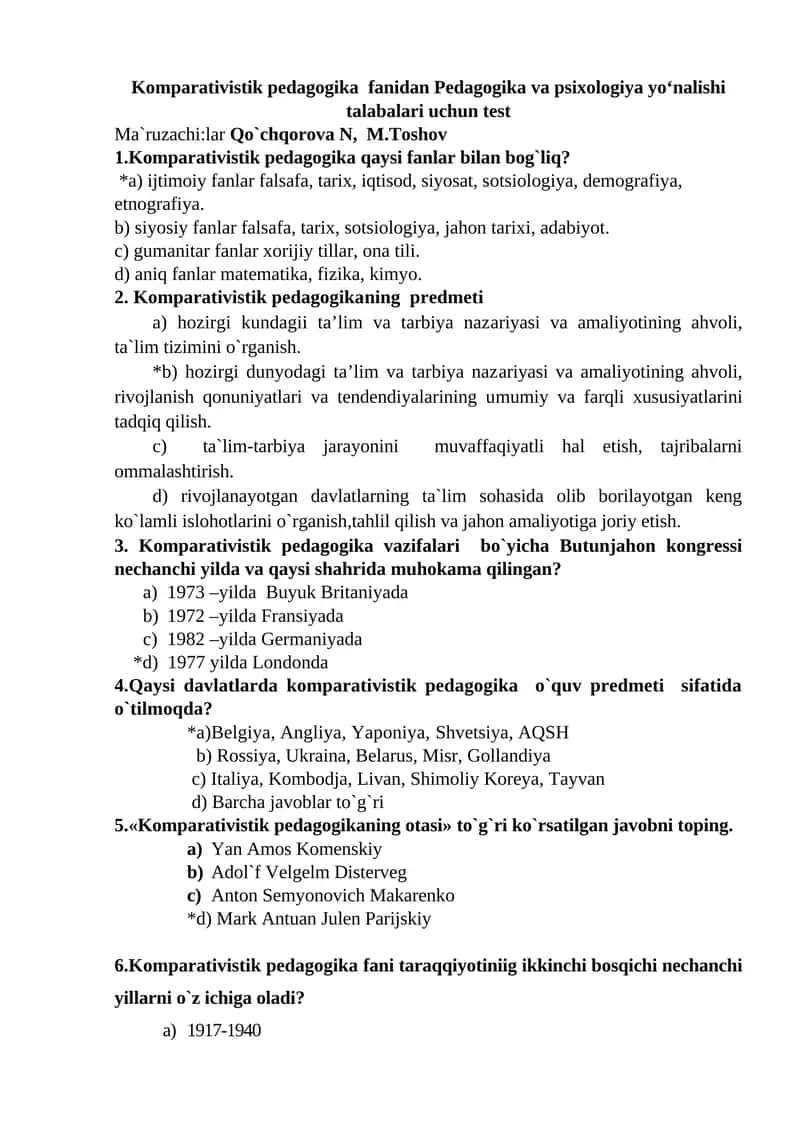 Komparativistik pеdаgogikа fanidan Pedagogika va psixologiya yo‘nalishi talabalari uchun test