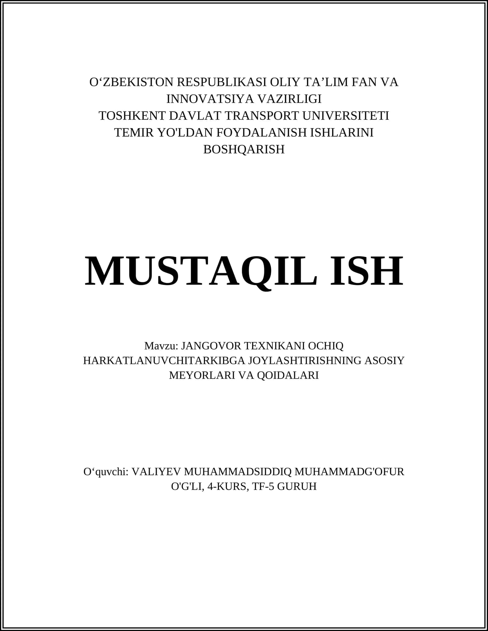 JANGOVOR TEXNIKANI OCHIQ HARKATLANUVCHITARKIBGA JOYLASHTIRISHNING ASOSIY MEYORLARI VA QOIDALARI