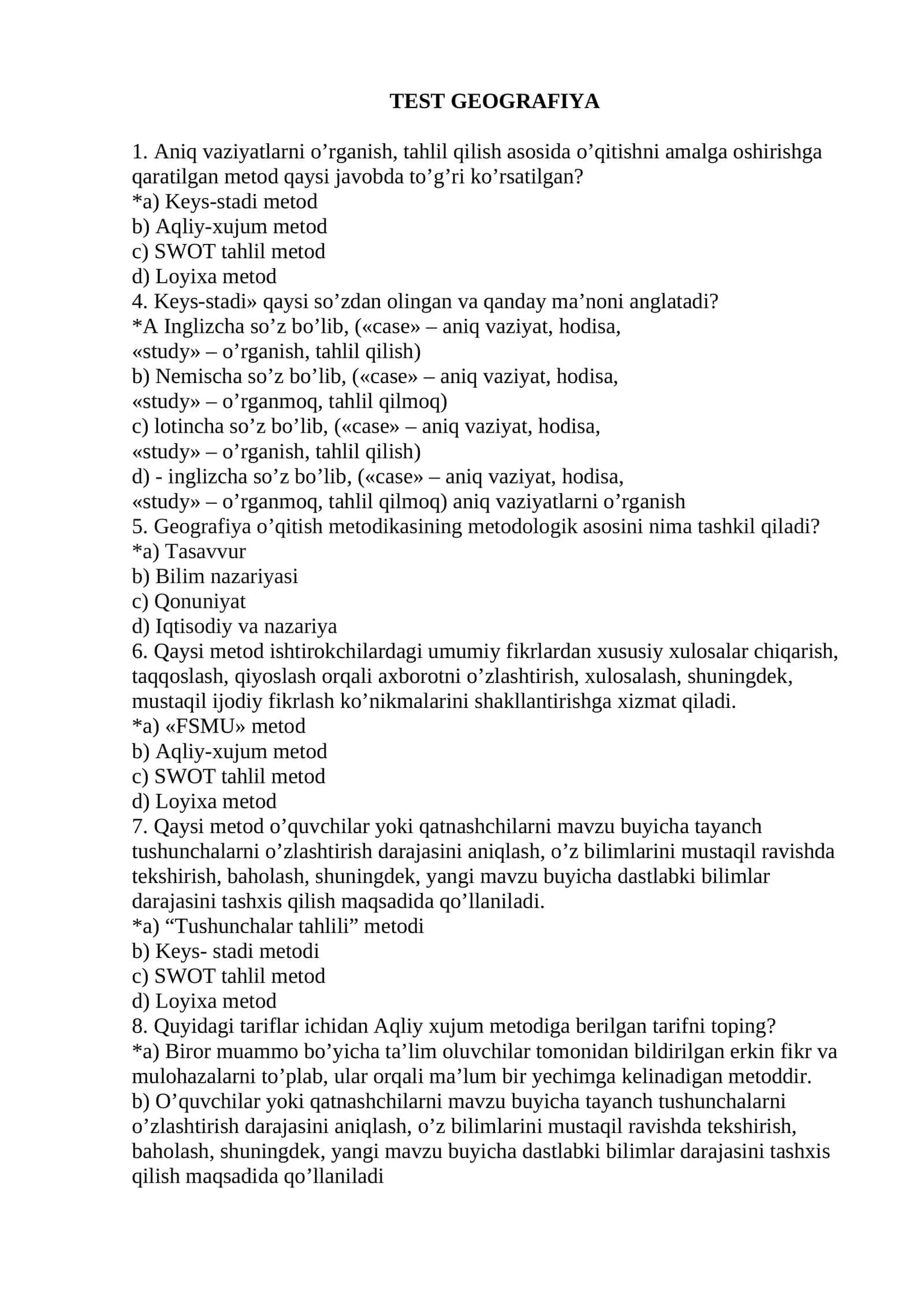 GEOGRAFIYA MUTAXASISLIK TESTLARI