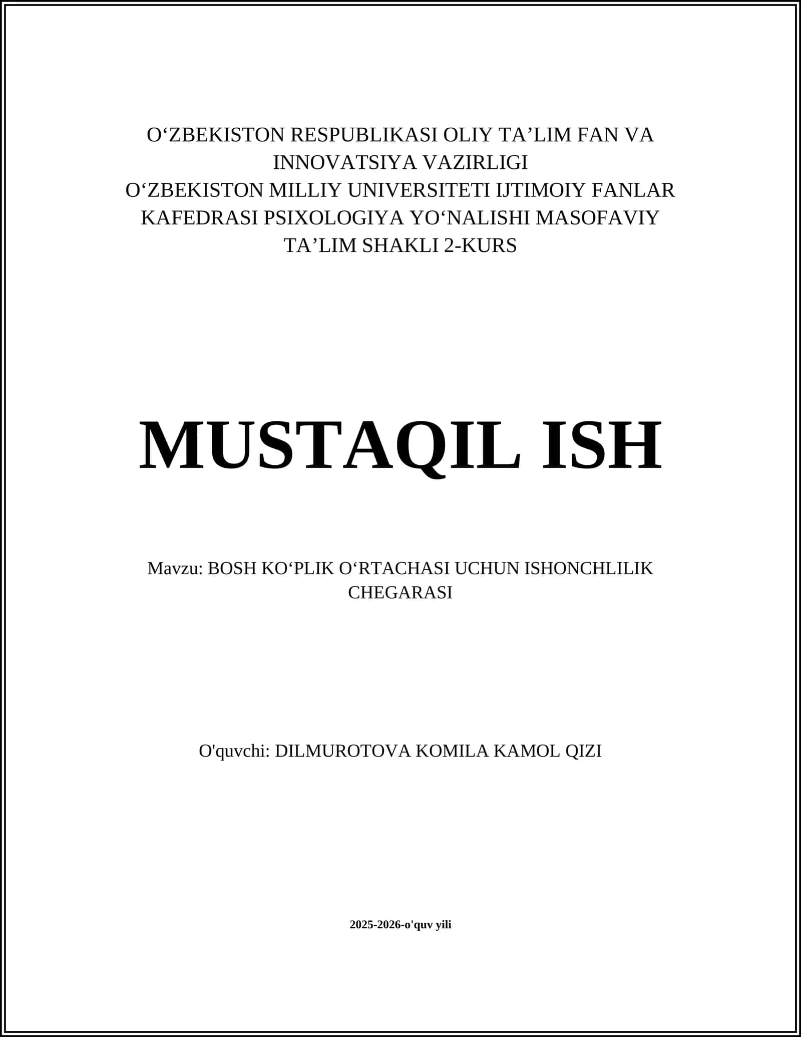 Bosh koʻplik oʻrtachasi uchun ishonchlilik chegarasi