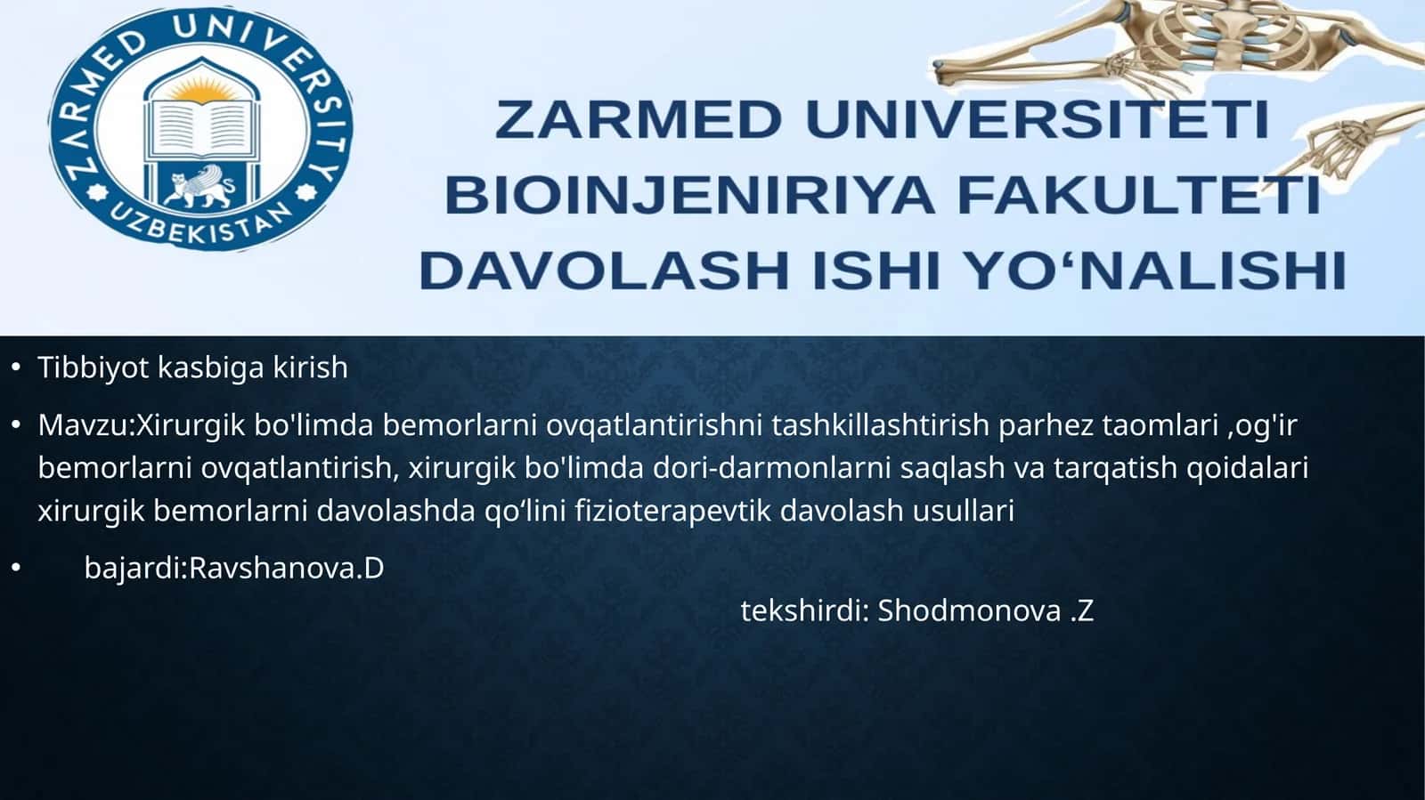 Xirurgik bo'limda bemorlarni ovqatlantirishni tashkillashtirish