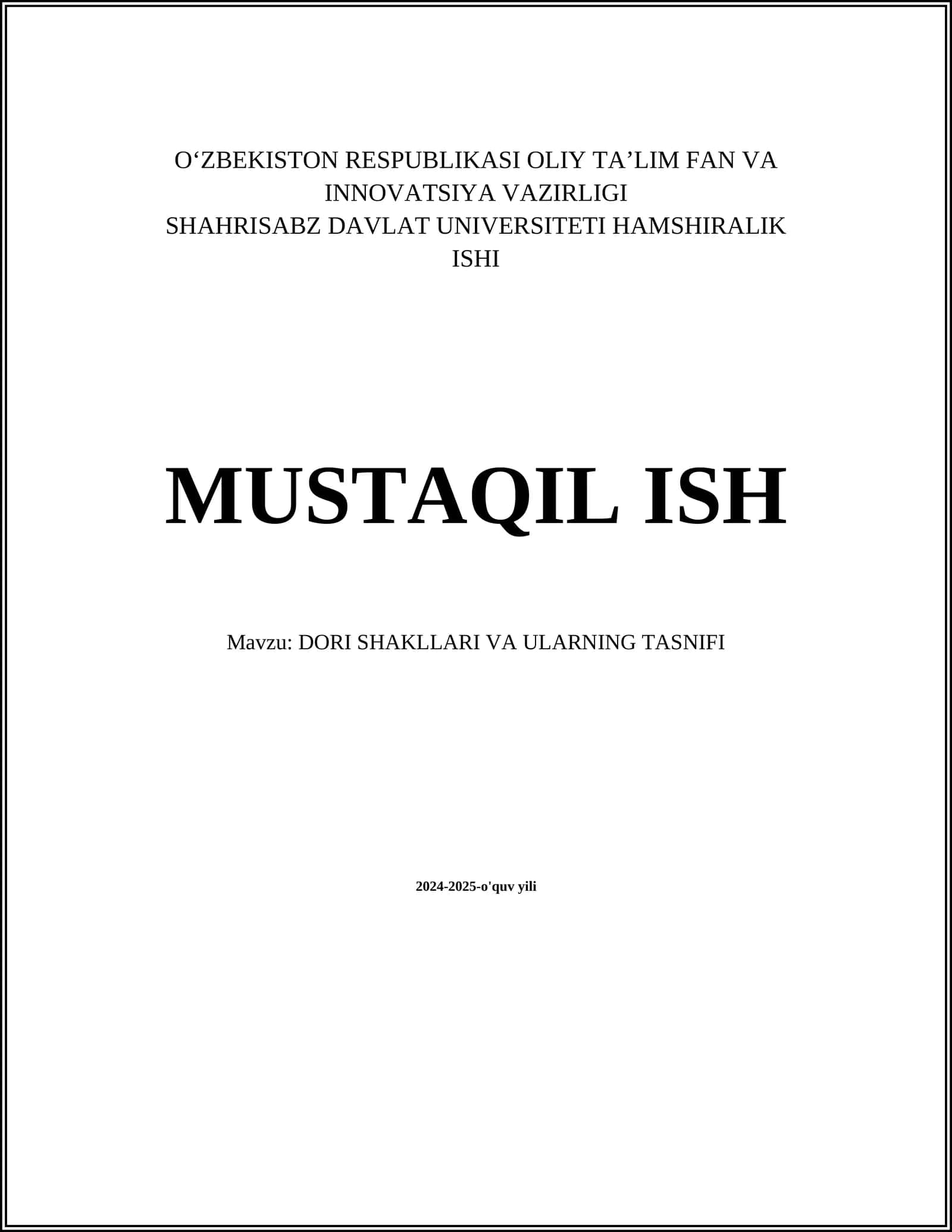 DORI SHAKLLARI VA ULARNING TASNIFI