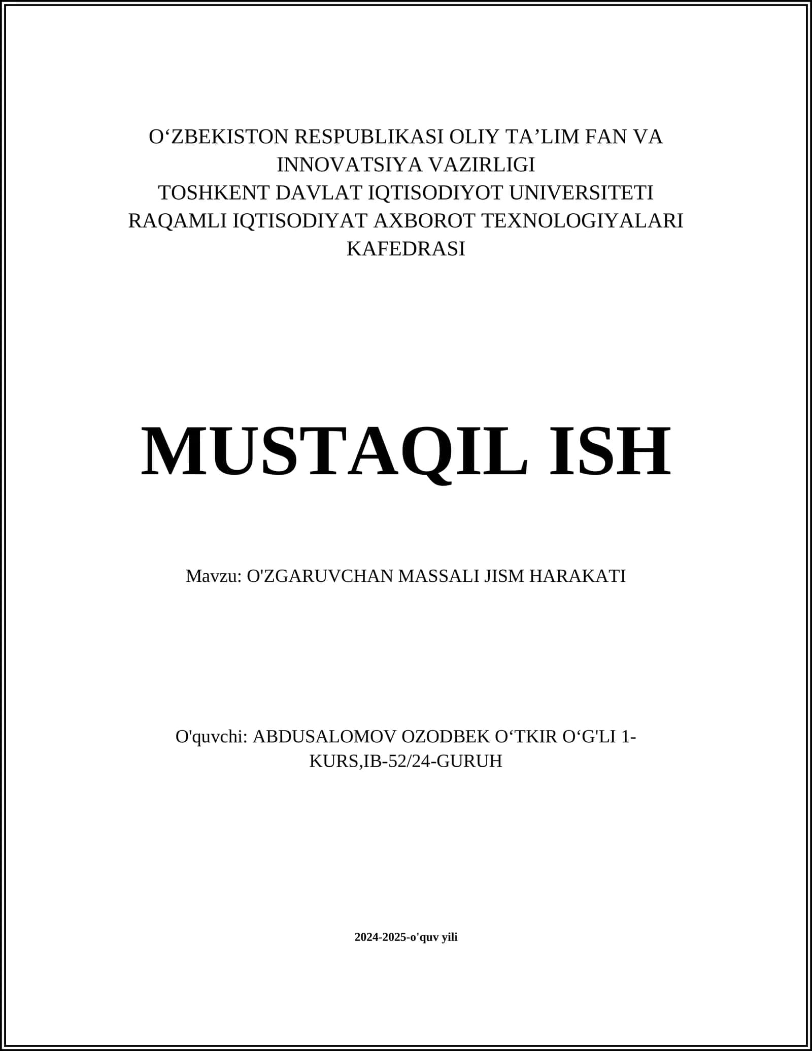 O'ZGARUVCHAN MASSALI JISM HARAKATI