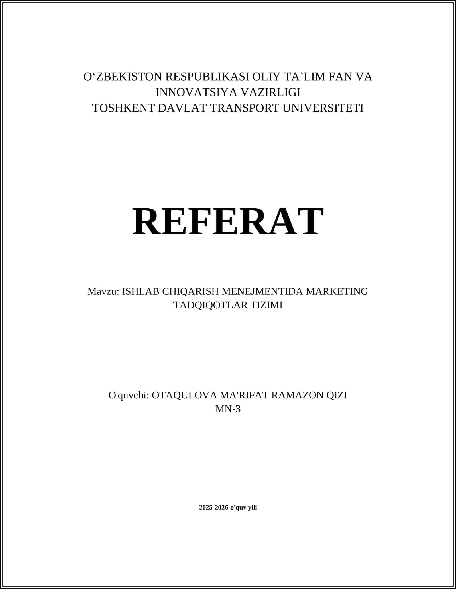 ISHLAB CHIQARISH MENEJMENTIDA MARKETING TADQIQOTLAR TIZIMI