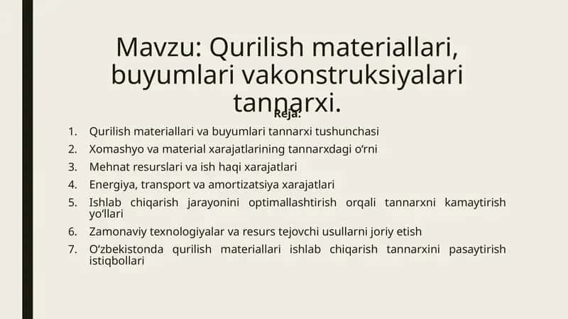 Qurilish materiallari, buyumlari vakonstruksiyalari tannarxi