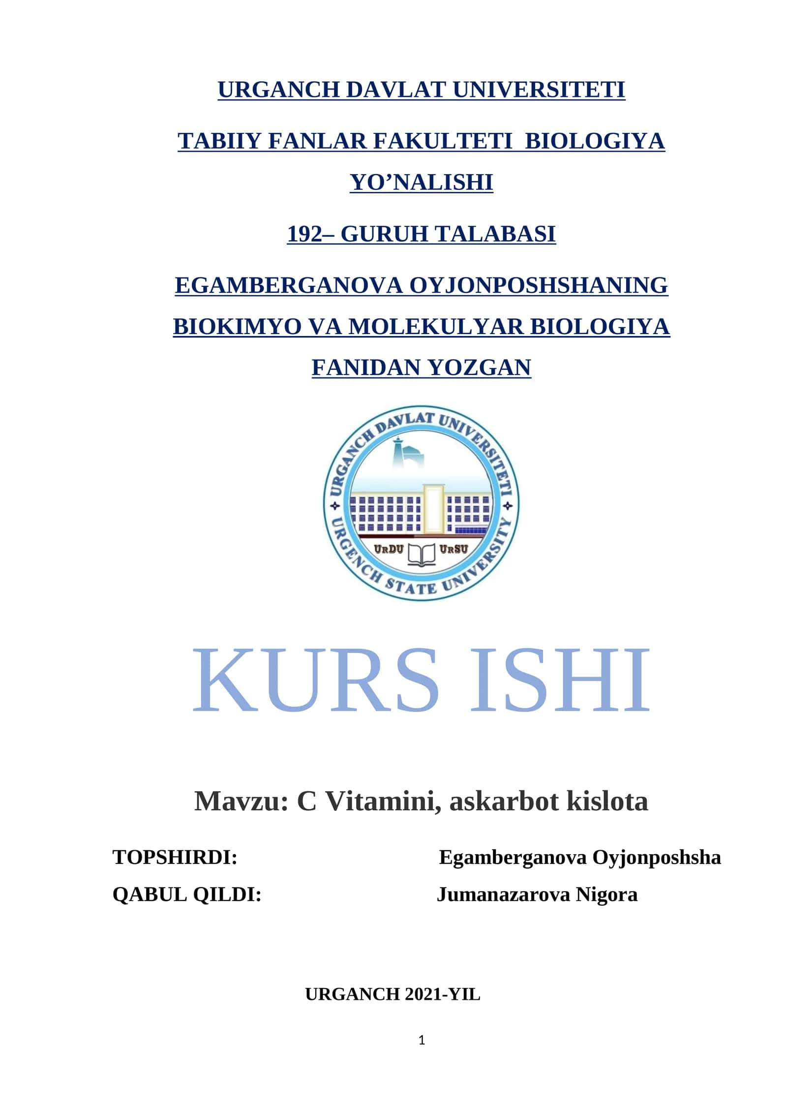 C Vitamin, askarbot kislota Kurs ishi
