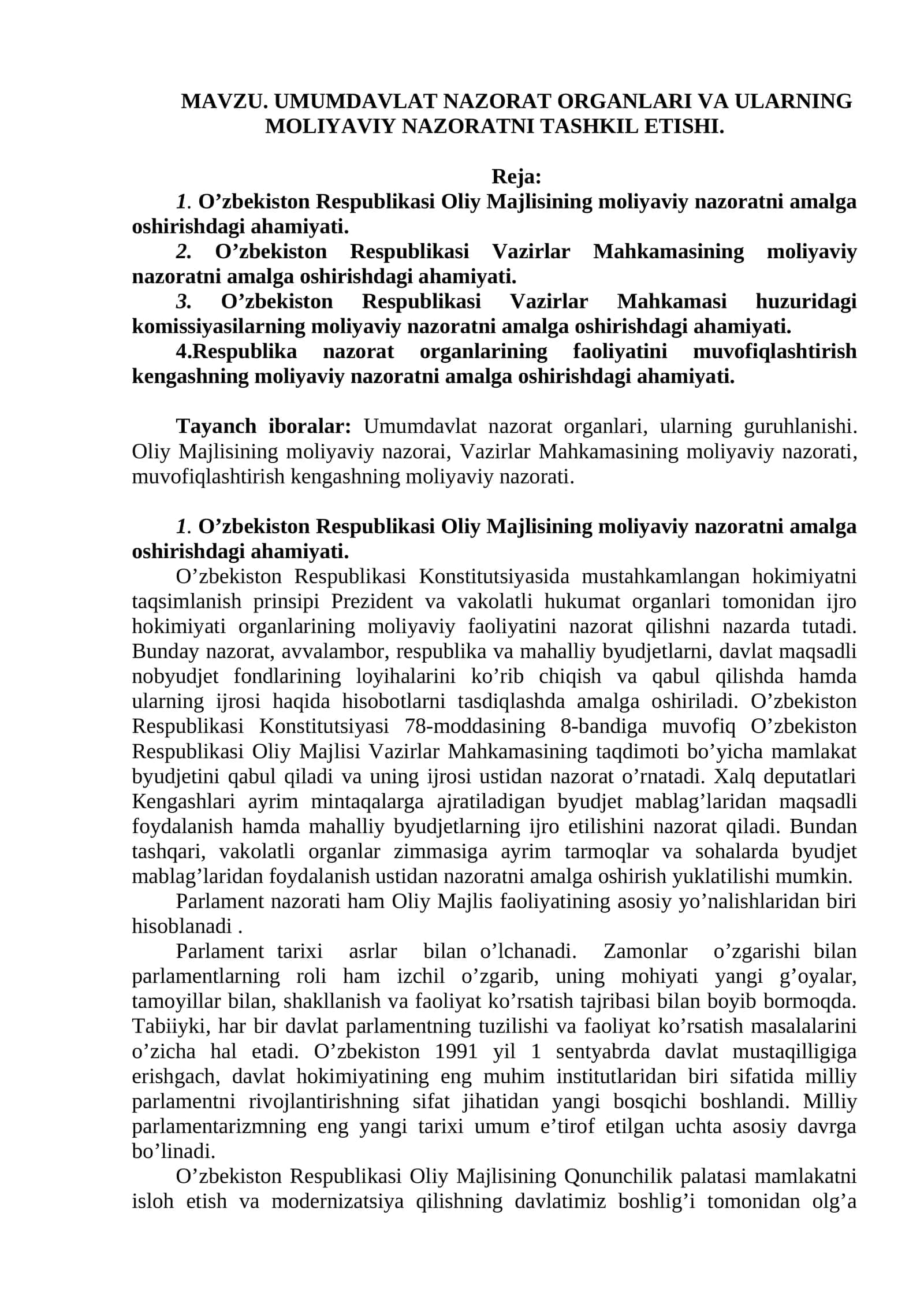 UMUMDAVLAT NAZORAT ORGANLARI VA ULARNING MOLIYAVIY NAZORATNI TASHKIL ETISHI