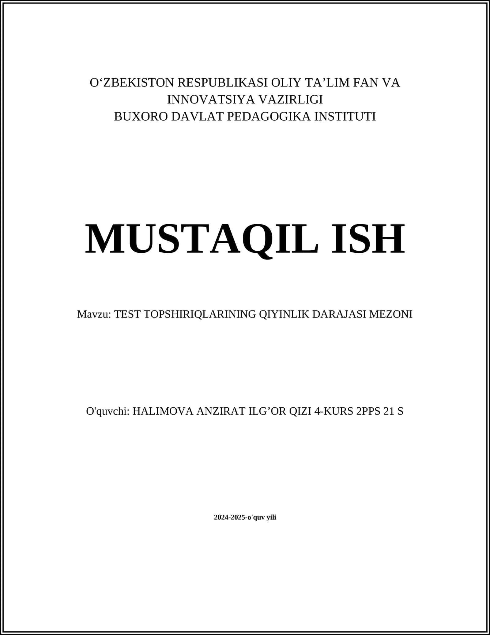 TEST TOPSHIRIQLARINING QIYINLIK DARAJASI MEZONI