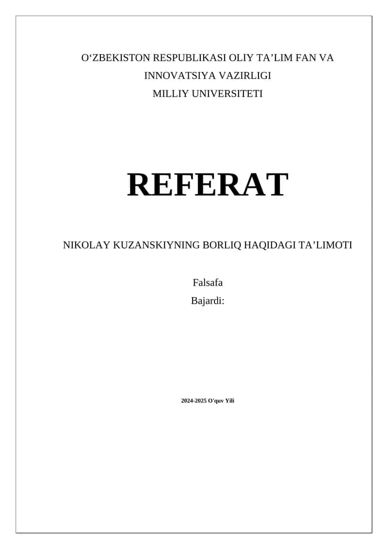 NIKOLAY KUZANSKIYNING BORLIQ HAQIDAGI TA’LIMOTI