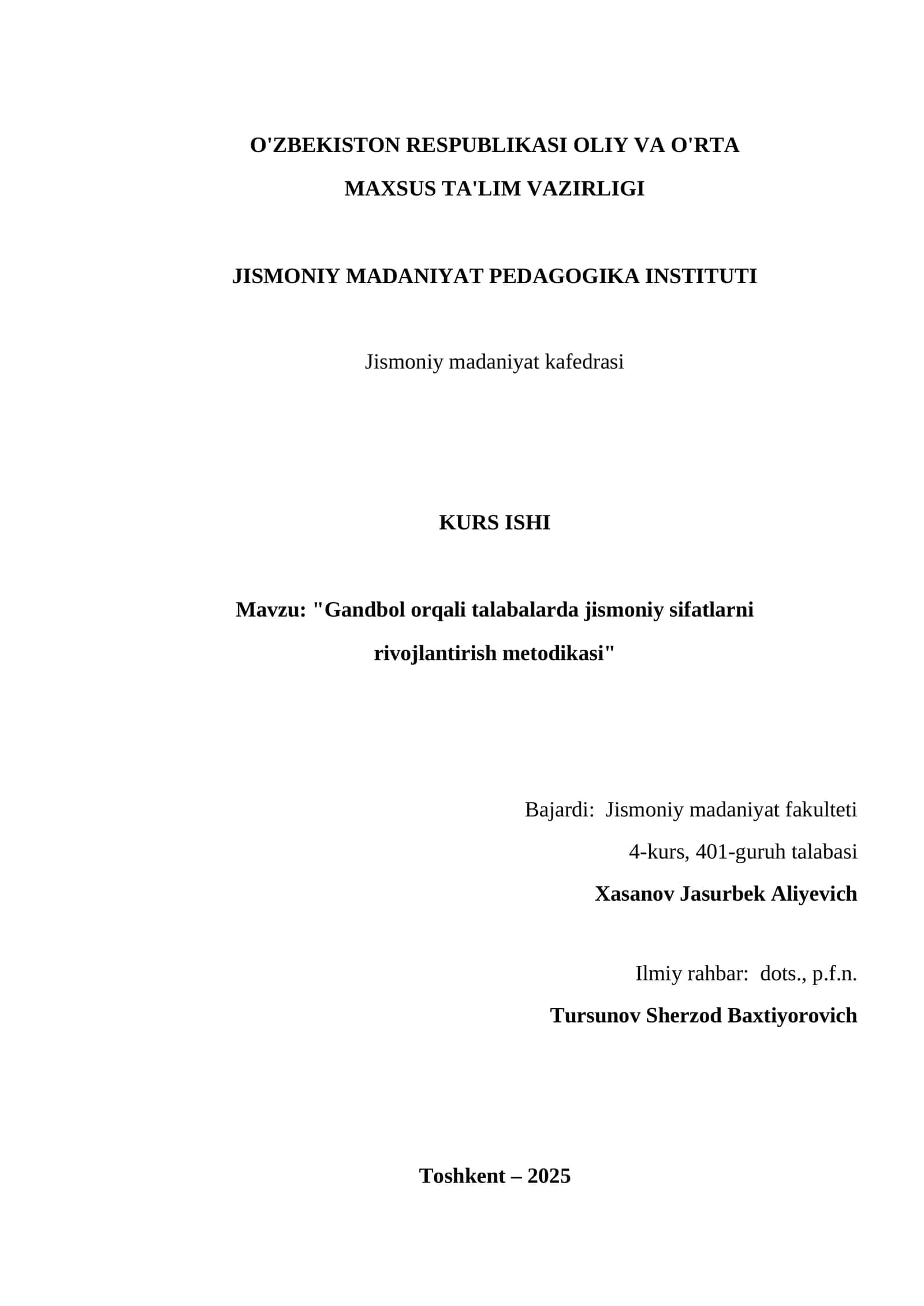 "Gandbol orqali talabalarda jismoniy sifatlarni rivojlantirish metodikasi"