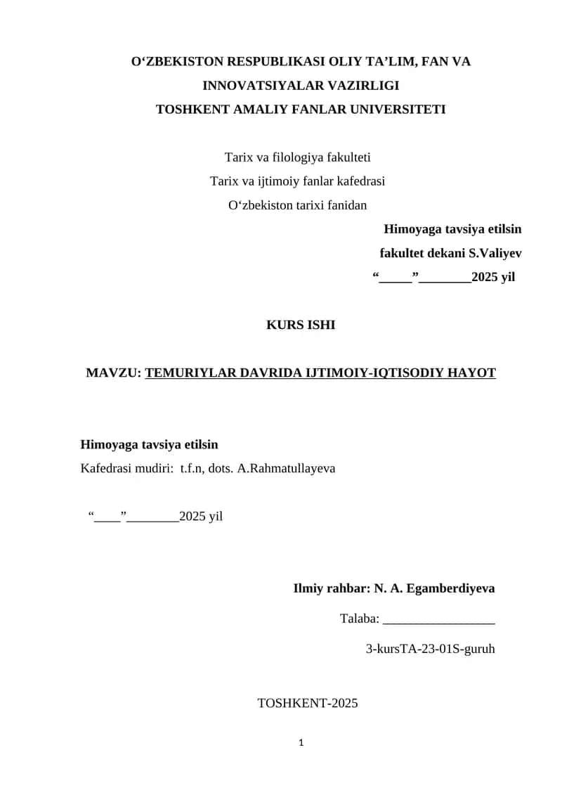 Temuriylar Davrida Ijtimoiy-Iqtisodiy Hayot