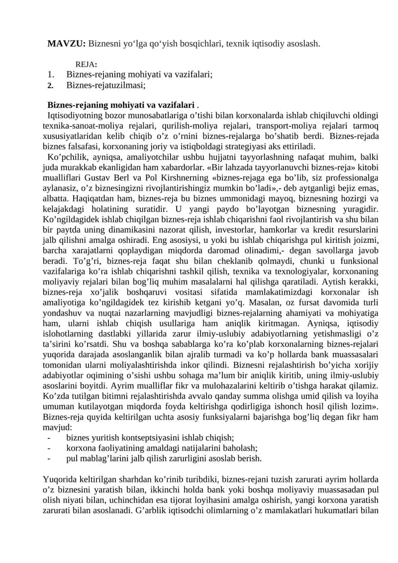 Biznes-reja mohiyati va vazifalari