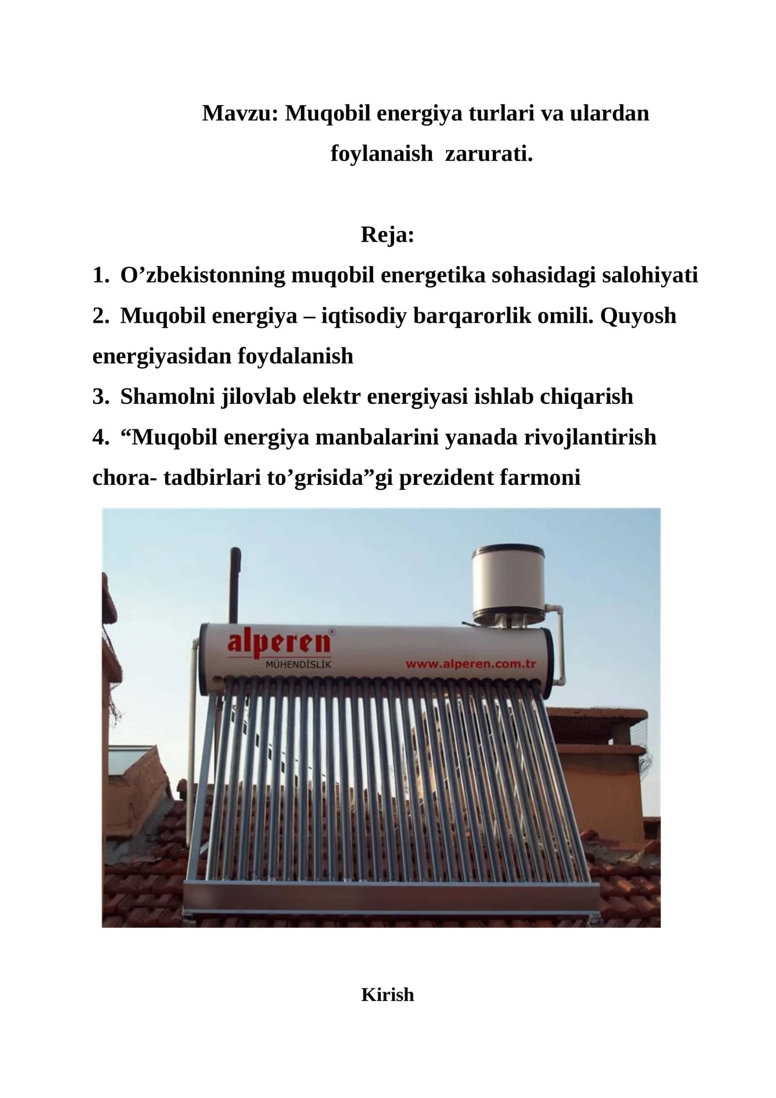 Muqobil energiya turlari va ulardan foylanaish zarurati