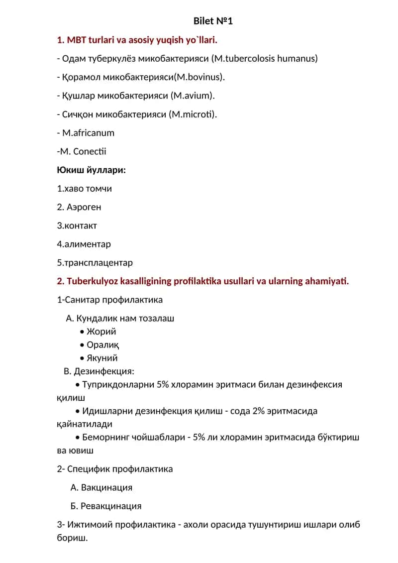 Tuberkulyoz kasalligining profilaktika usullari va ularning ahamiyati