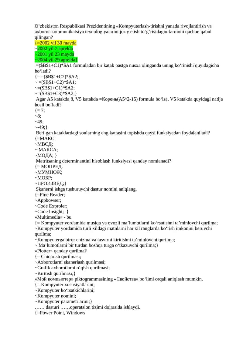 Informatika fanidan  400 ta test savollari va javoblari.