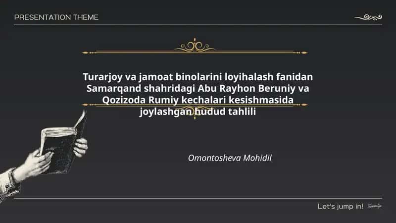Turarjoy va jamoat binolarini loyihalash fanidan Samarqand shahridagi Abu Rayhon Beruniy va Qozizoda Rumiy kechalari kesishmasida joylashgan hudud tahlili