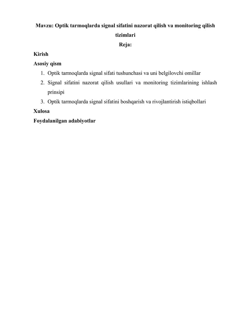 Optik tarmoqlarda signal sifatini nazorat qilish va monitoring qilish tizimlari
