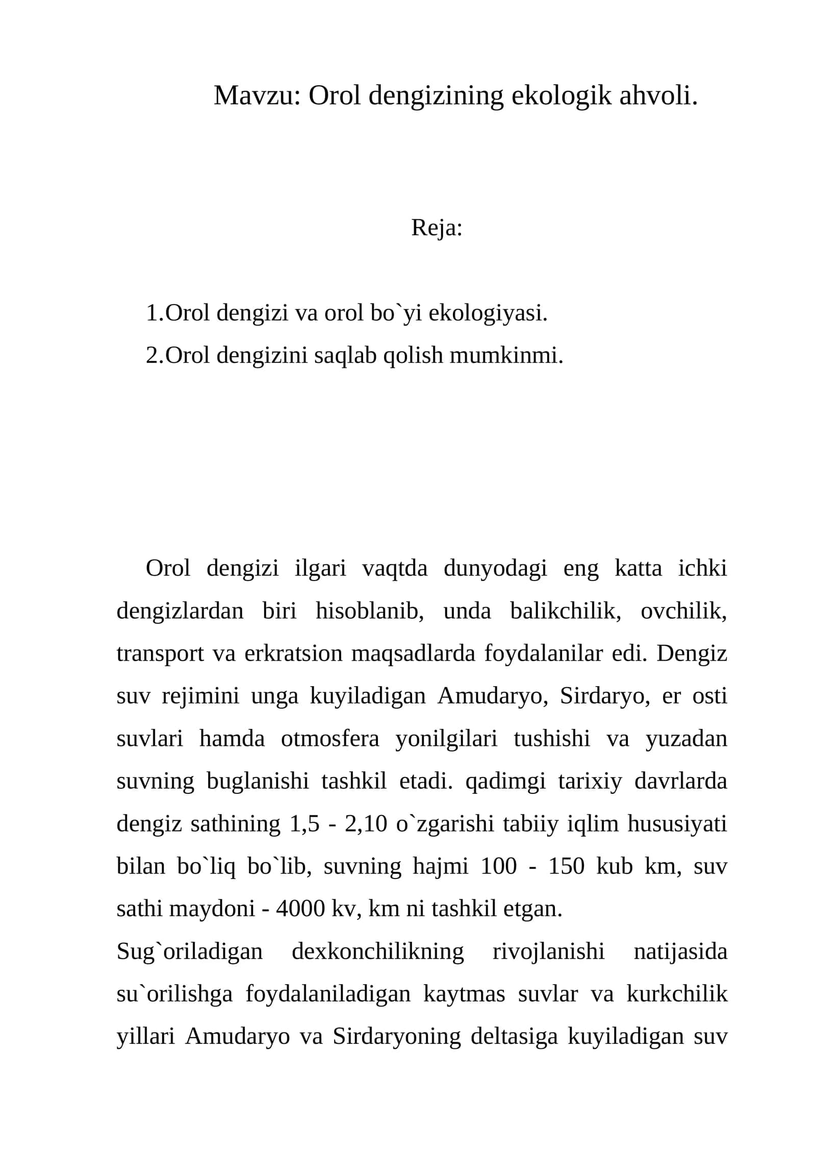 Orol dengizining ekologik ahvoli