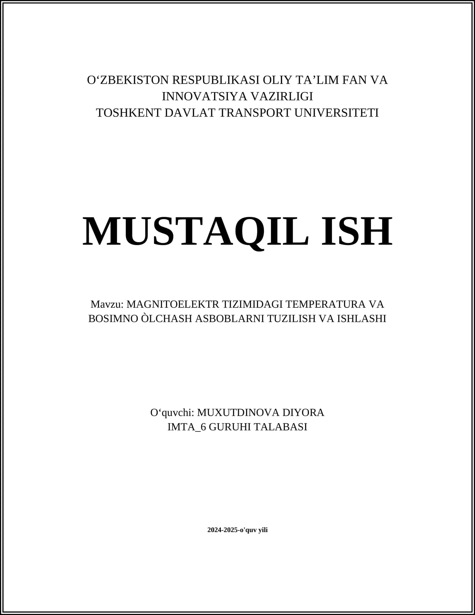 MAGNITOELEKTR TIZIMIDAGI TEMPERATURA VA BOSIMNO ÒLCHASH ASBOBLARNI TUZILISH VA ISHLASHI
