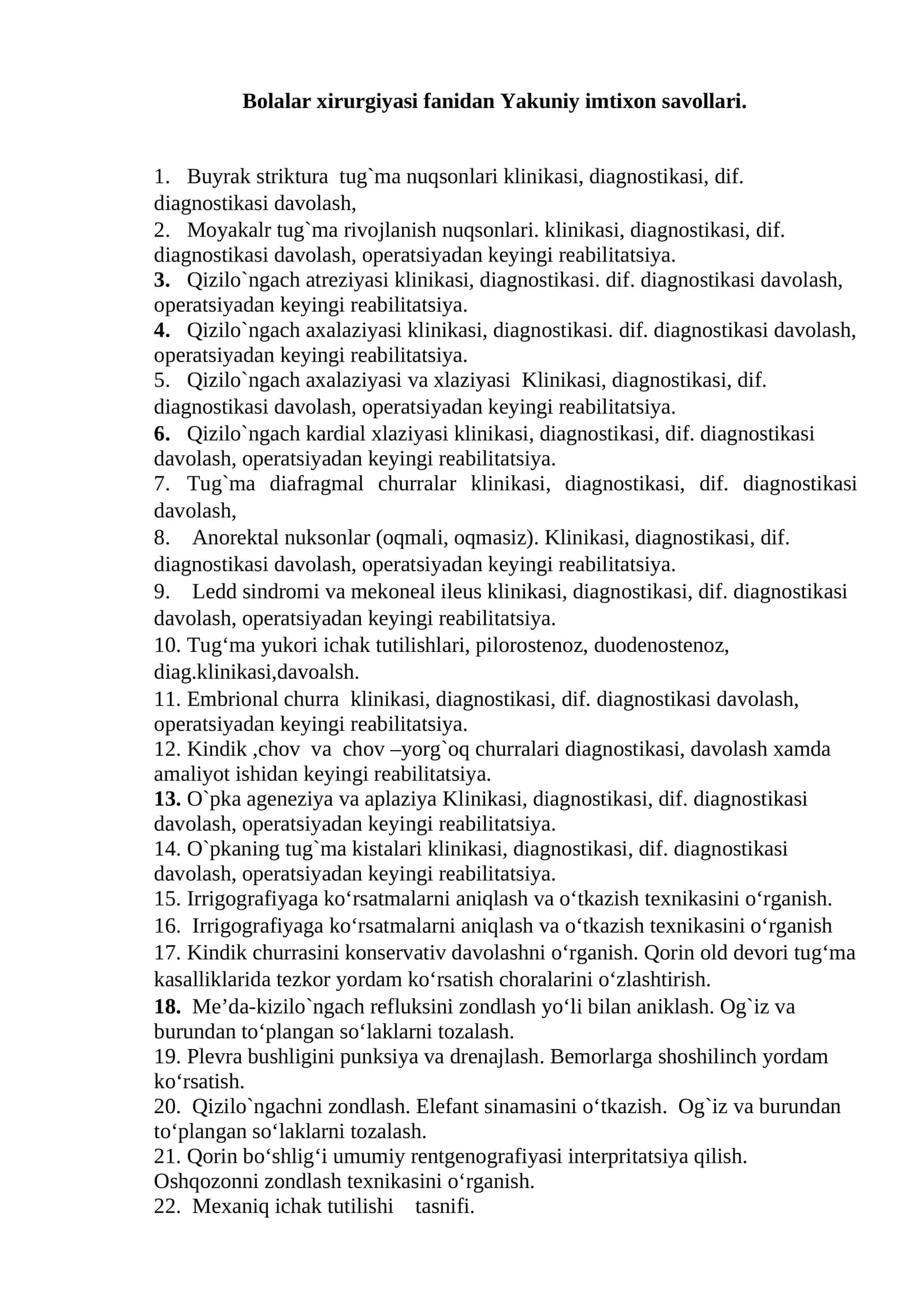 Bolalar xirurgiyasi fanidan Yakuniy imtixon savollari