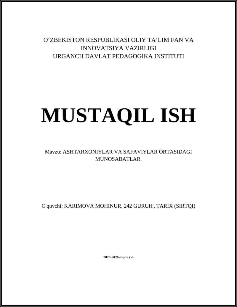 ASHTARXONIYLAR VA SAFAVIYLAR ÒRTASIDAGI MUNOSABATLAR