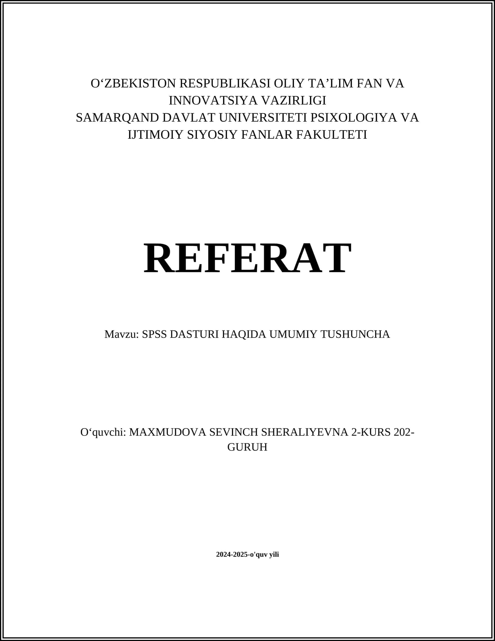 SPSS DASTURI HAQIDA UMUMIY TUSHUNCHA