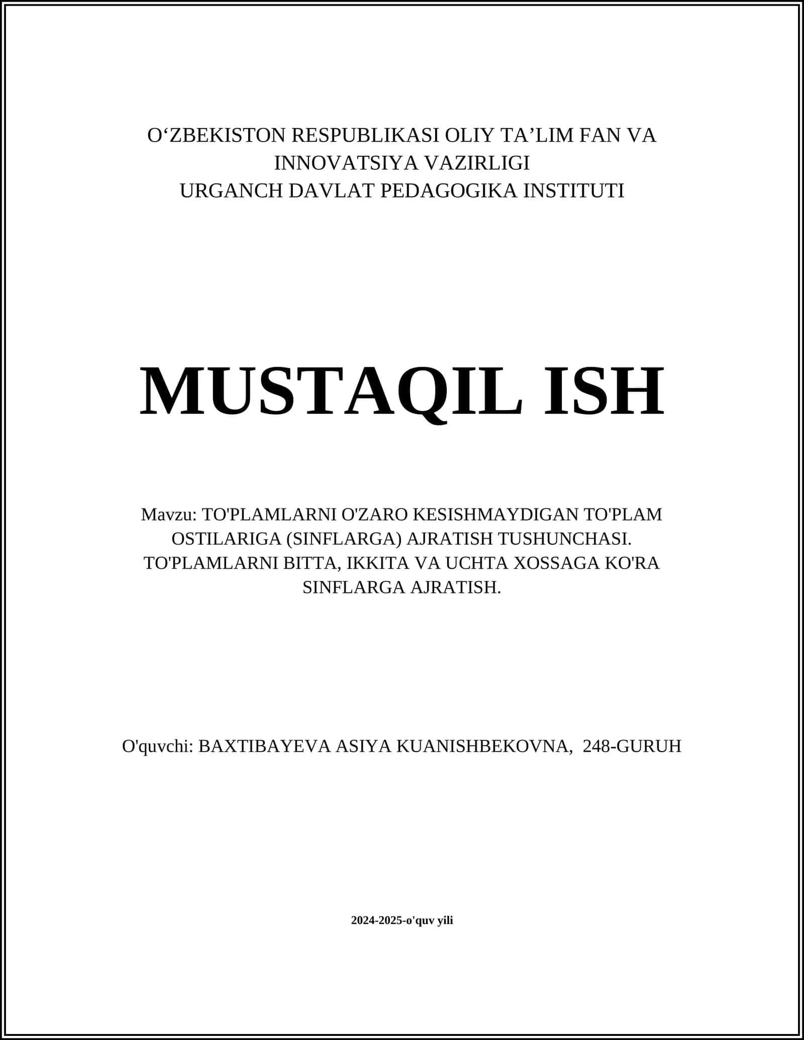 To'plamlarni O'zaro Keshmaydigan To'plam Ostilariga (Sinflarga) Ajratish Tushunchasi