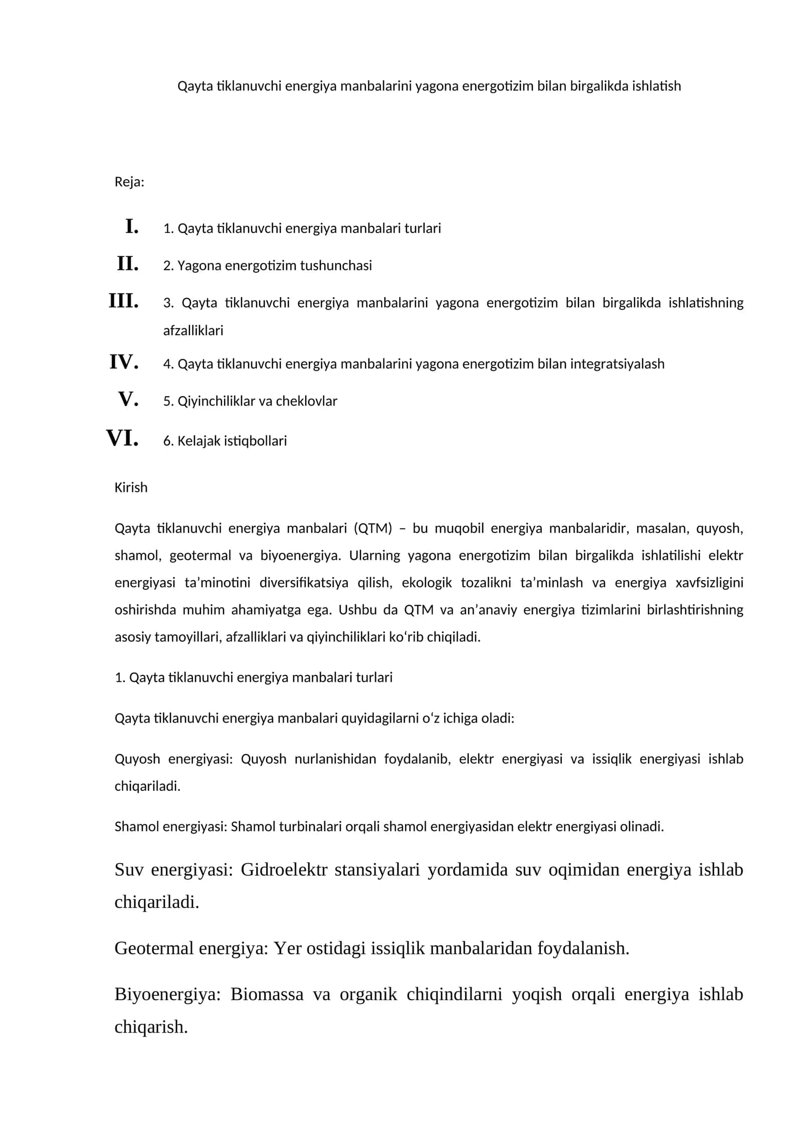 Qayta tiklanuvchi energiya manbalarini yagona energotizim bilan birgalikda ishlatish