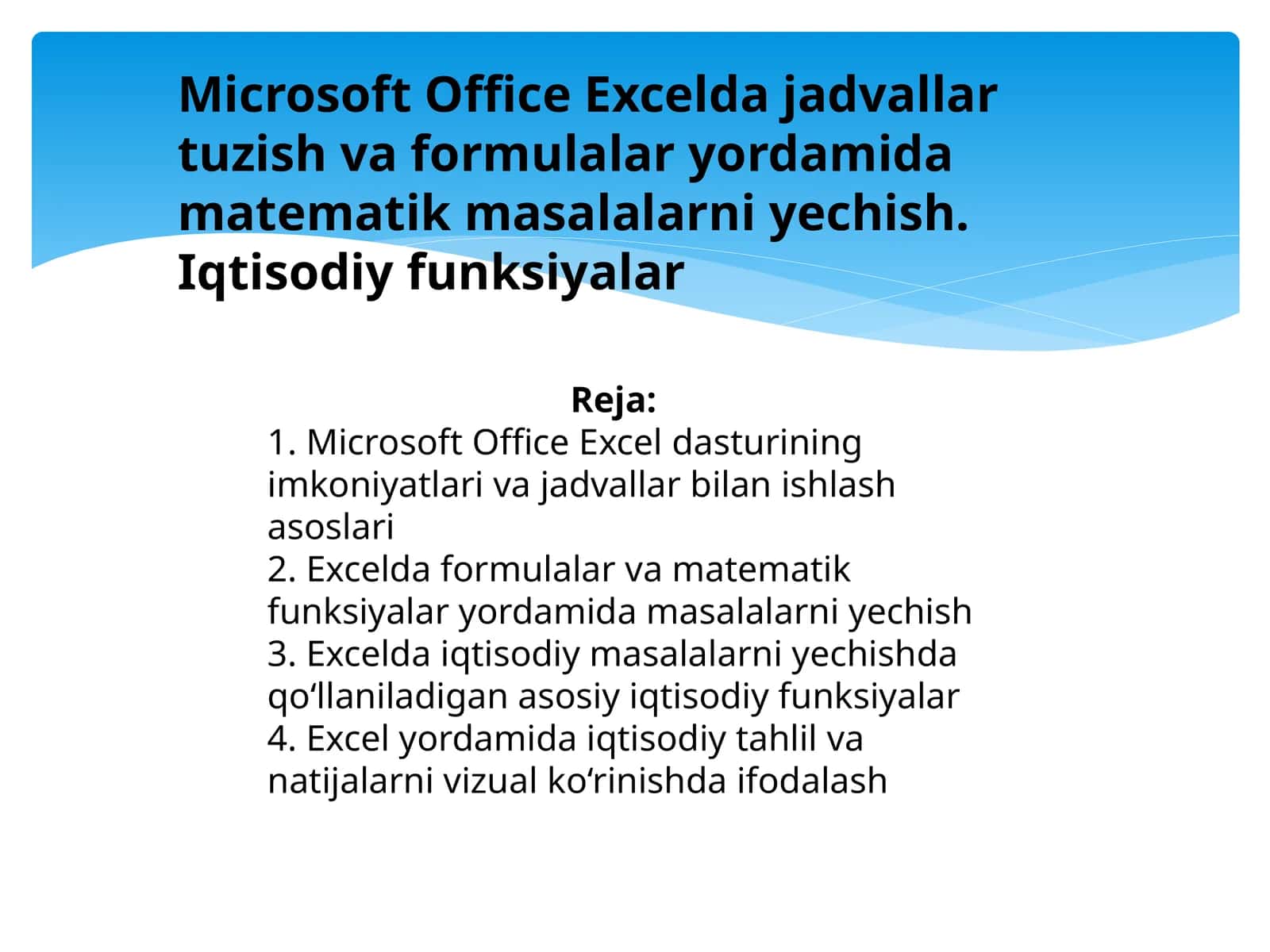 Microsoft Office Exceldajadvallartuzishvaformulalaryordamidamatematikmasalalarniyechish.Iqtisodiyfunksiyalar