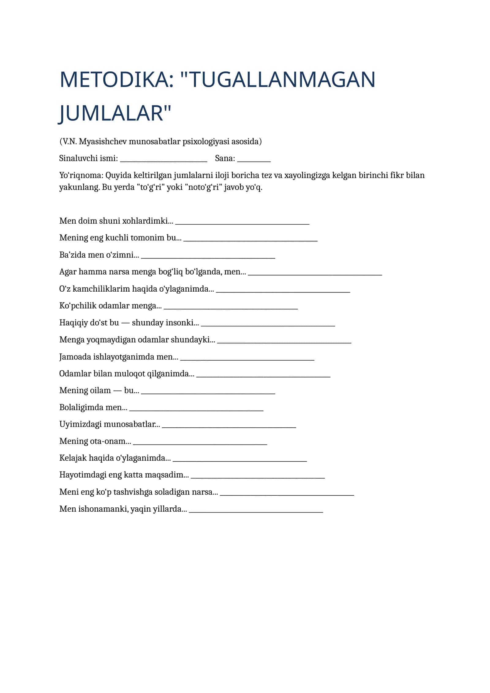 "TUGALLANMAGAN JUMLALAR" METODIKASI