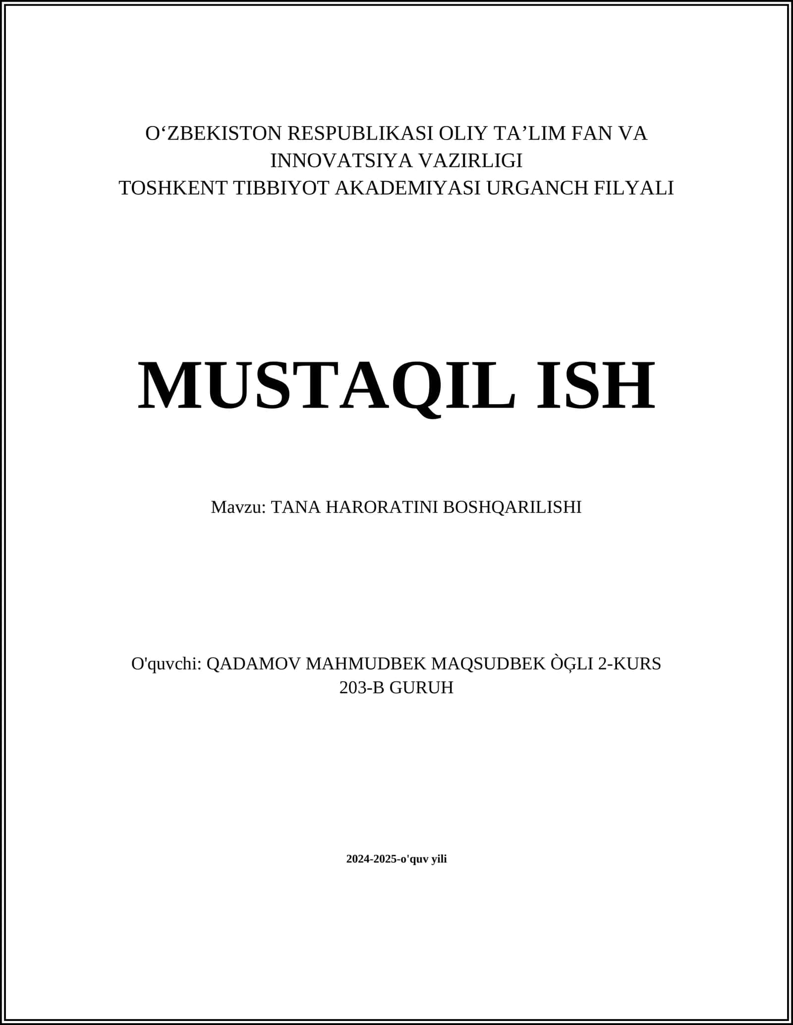 TANA HARORATINI BOSHQARILISHI