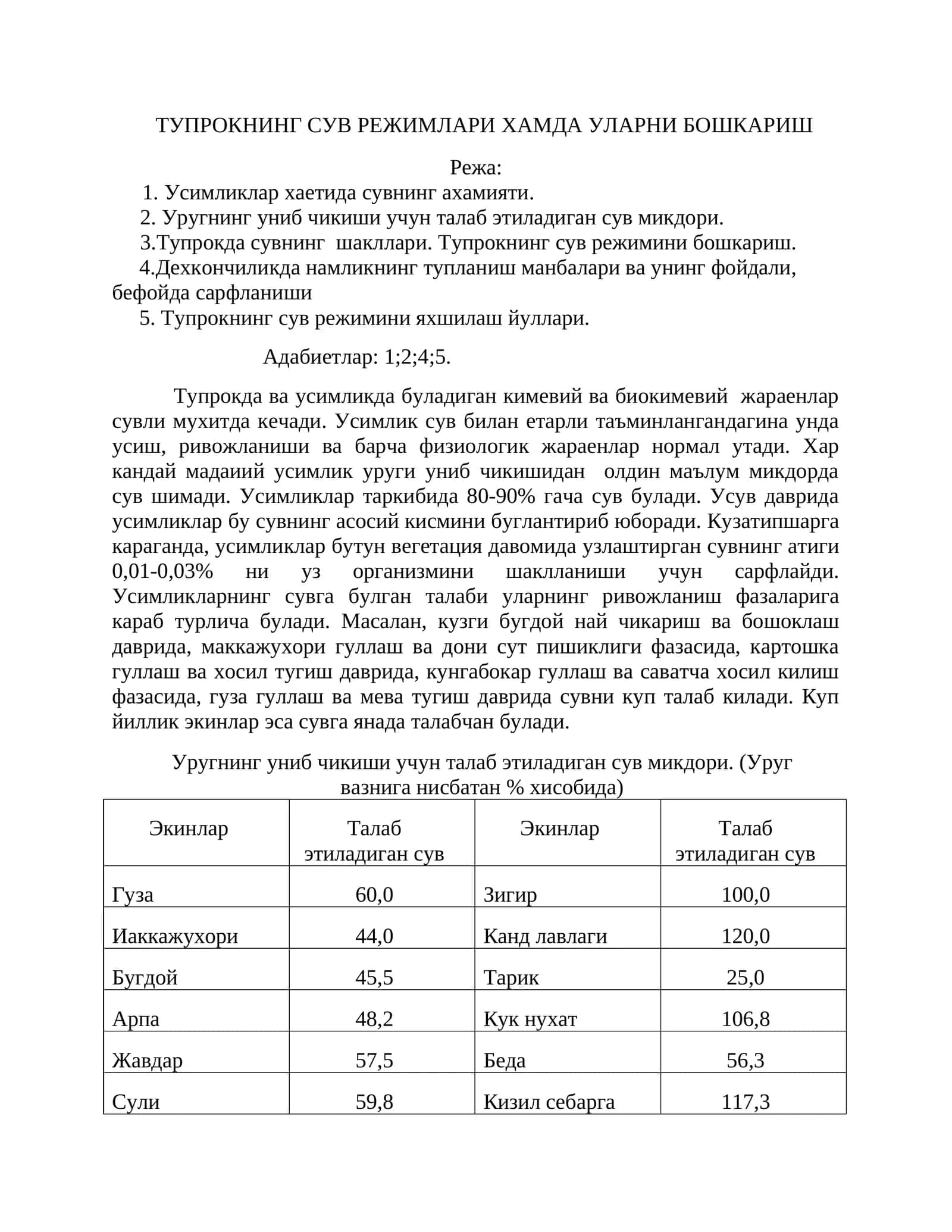 Тупрокнинг Сув Режимлари Хамда Уларни Бошкариш