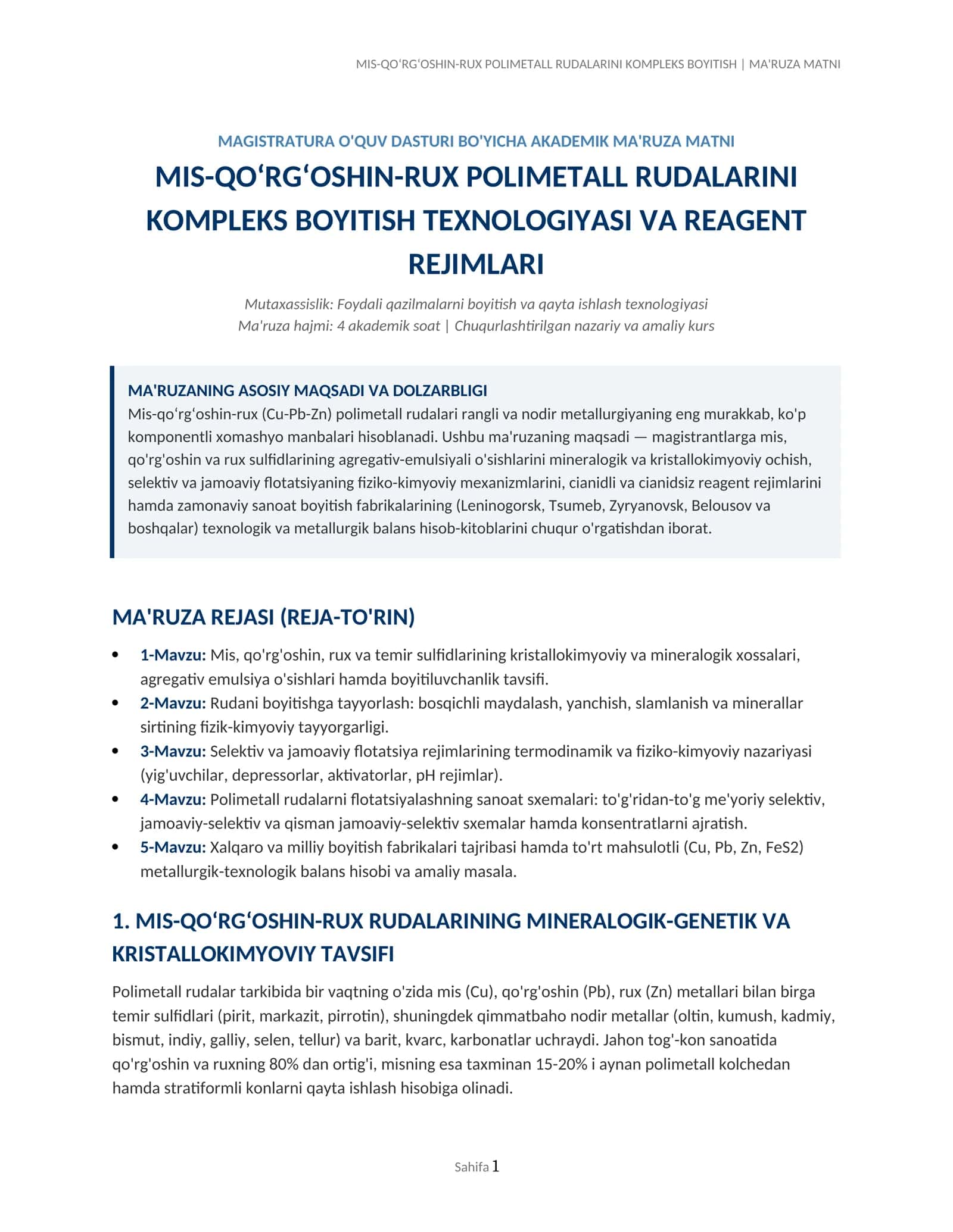 MIS-QO‘RG‘OSHIN-RUX POLIMETALL RUDALARINI KOMPLEKS BOYITISH | MA'RUZA MATNI