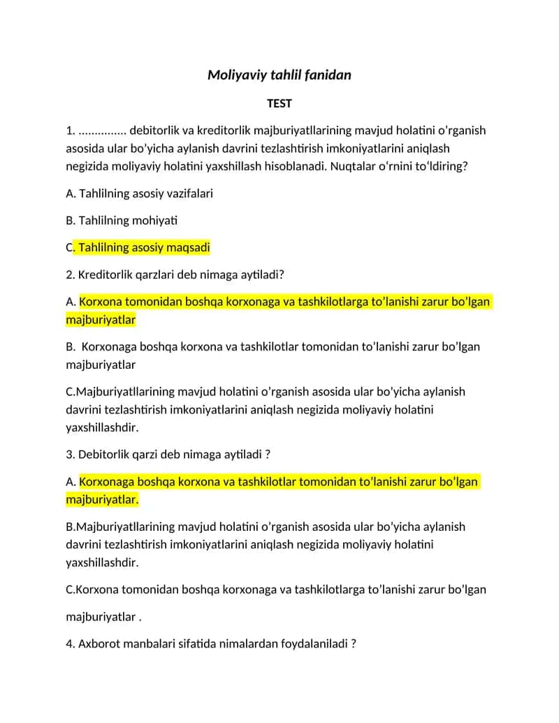 Moliyaviy tahlil test