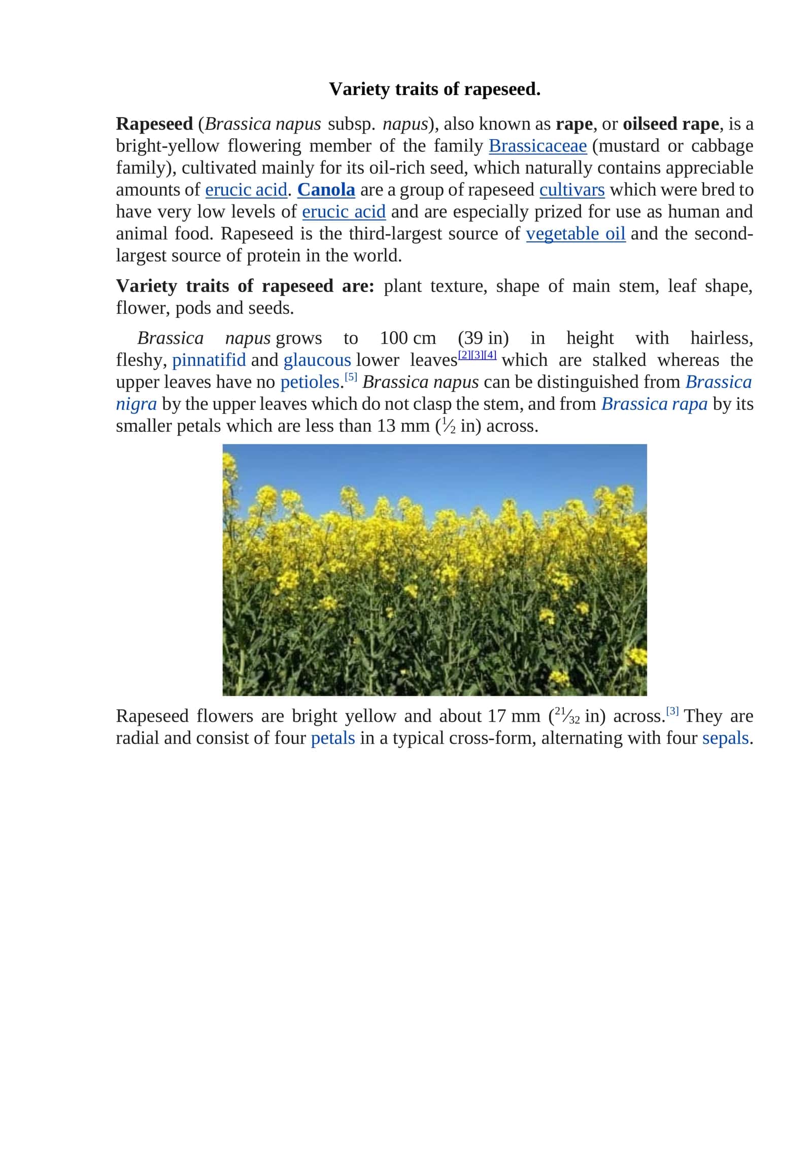 Variety traits of rapeseed