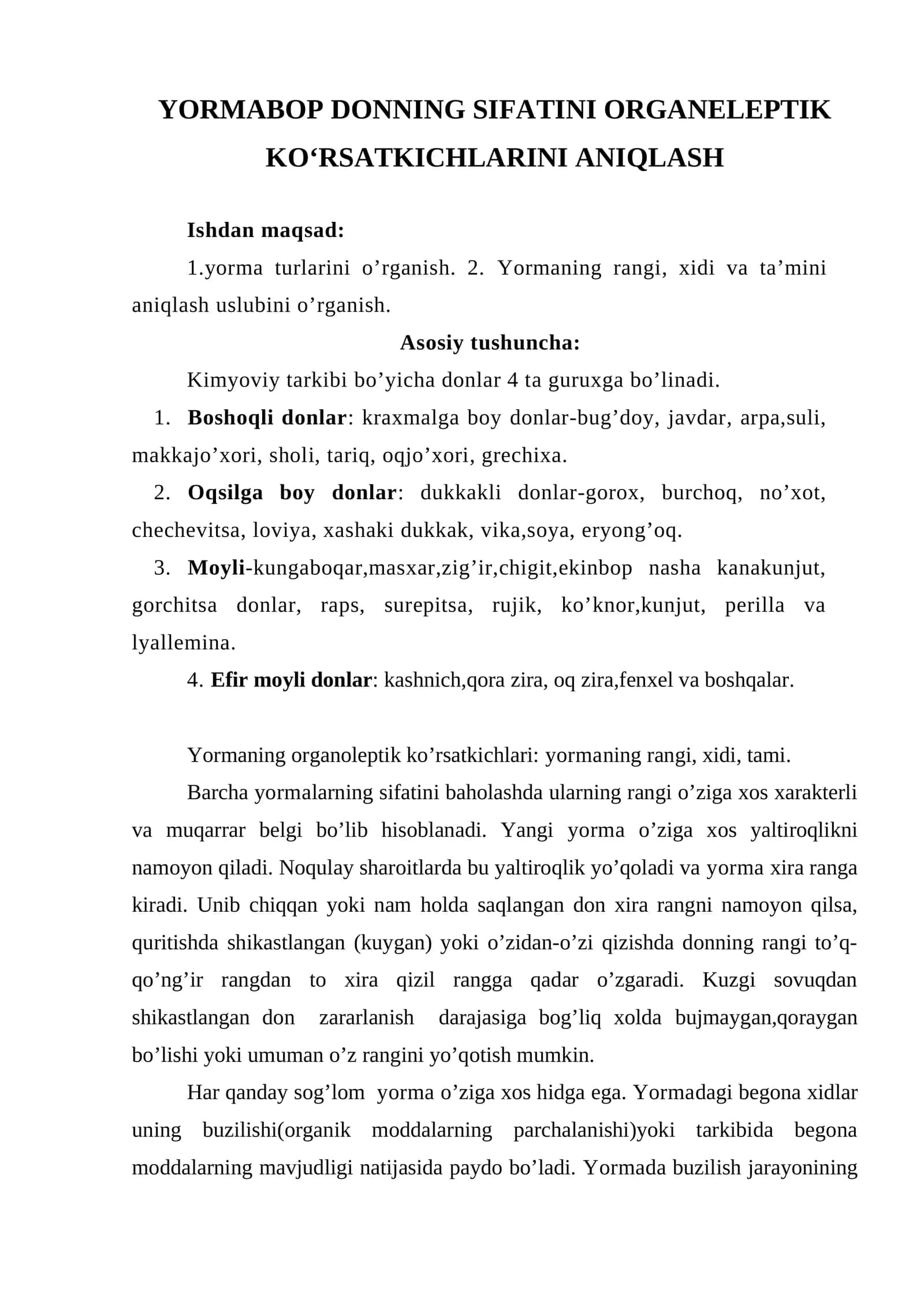 YORMABOP DONNING SIFATINI ORGANELEPTIK KO‘RSATKICHLARINI ANIQLASH