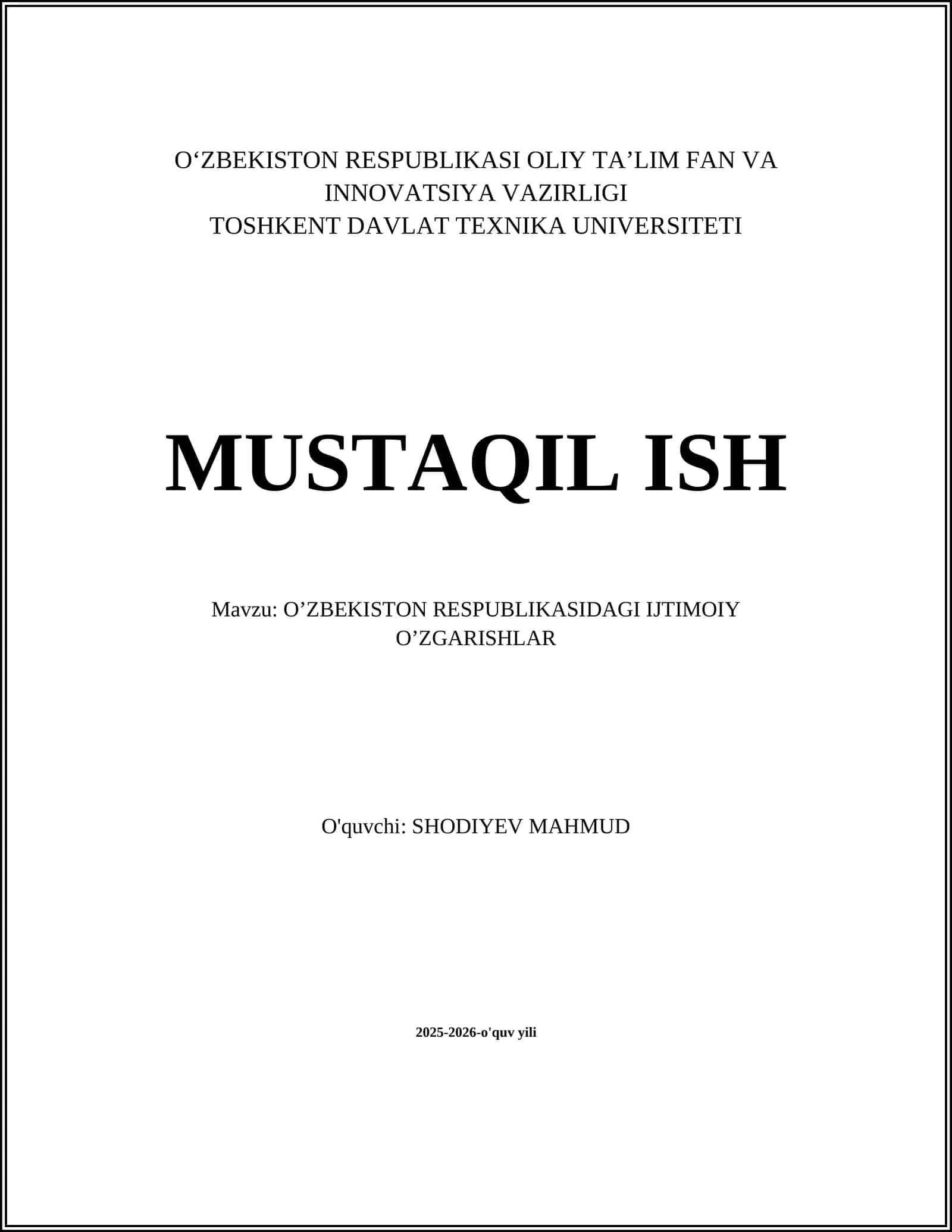 O’ZBEKISTON RESPUBLIKASIDAGI IJTIMOIY O’ZGARISHLAR