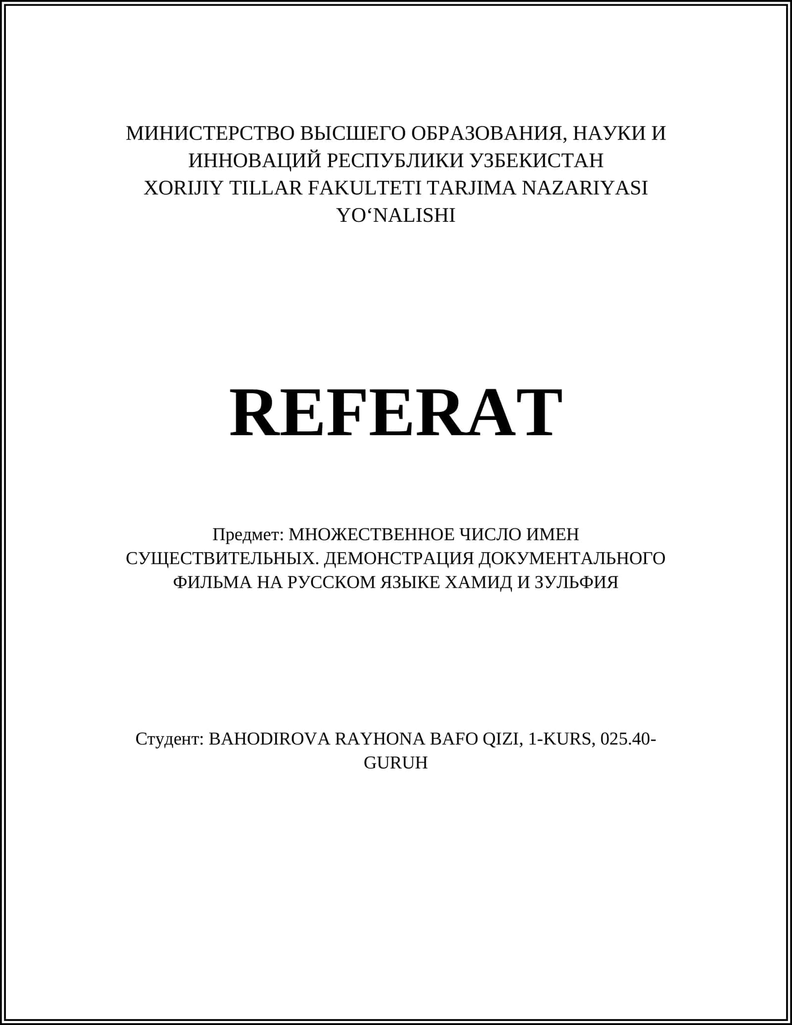 TARJIMA NAZARIYASI YOʻNALISHI REFERAT