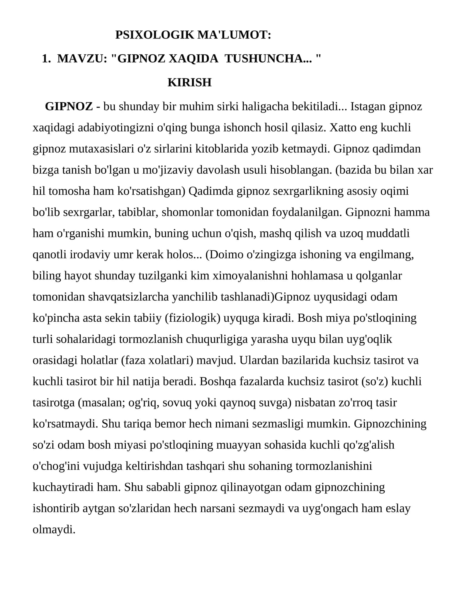 "GIPNOZ XAQIDA TUSHUNCHA... "