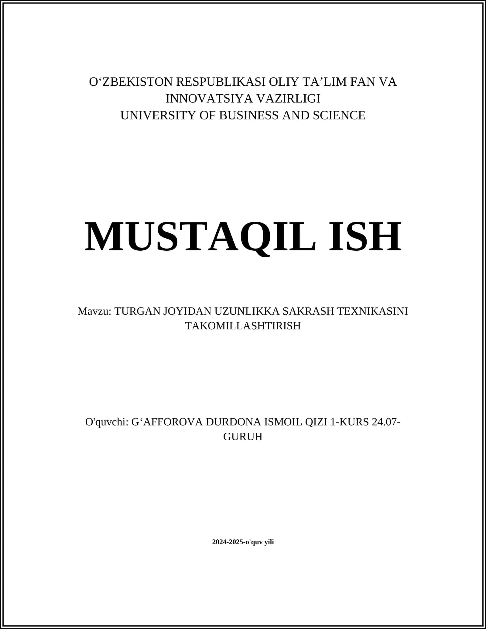 TURGAN JOYIDAN UZUNLIKKA SAKRASH TEXNIKASINI TAKOMILLASHTIRISH