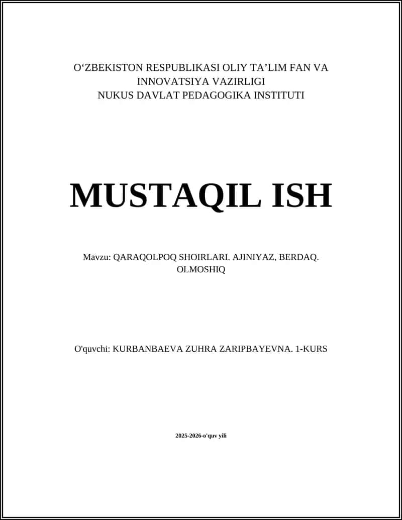 QARAQOLPOQ SHOIRLARI. AJINIYAZ, BERDAQ. OLMOSHIQ