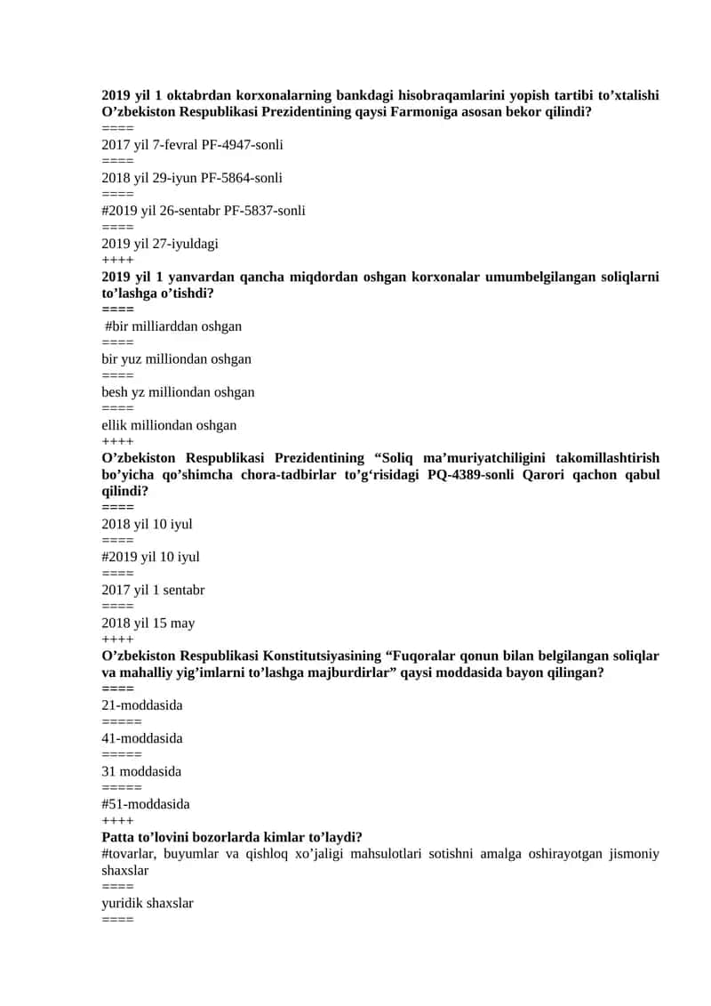 Soliq Yakuniy savollari va javoblari .