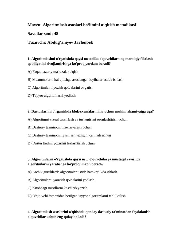 Algoritmlash asoslari bo‘limini o‘qitish metodikasi