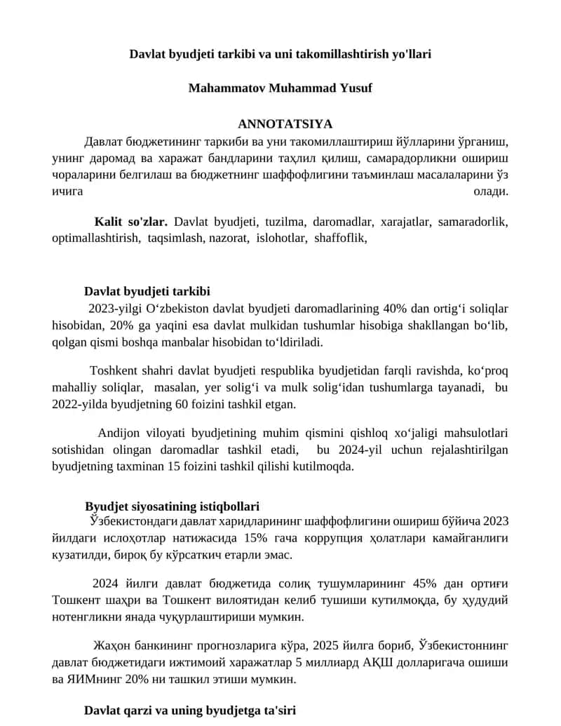 Davlat byudjeti tarkibi va uni takomillashtirish yo'llari