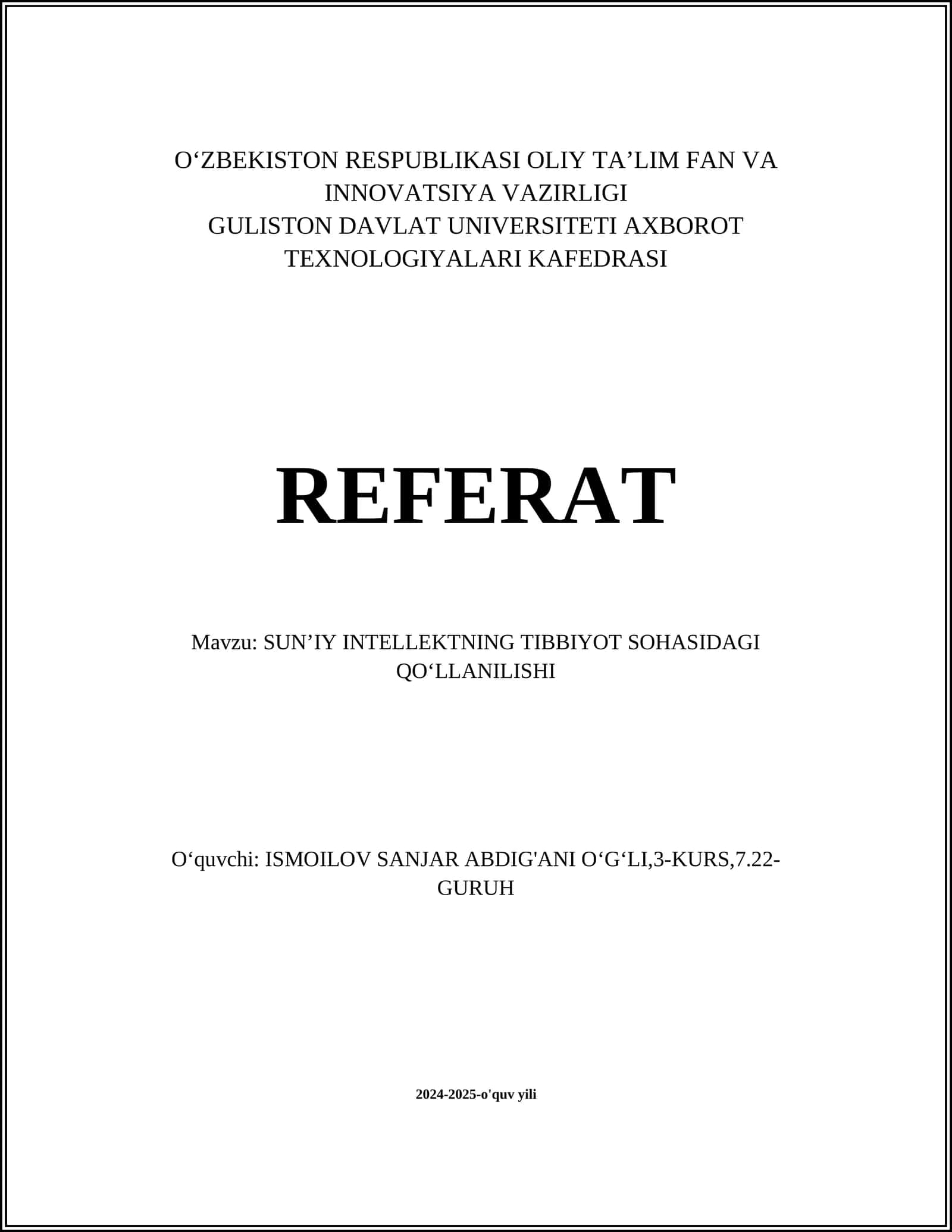 SUN’IY INTELLEKTNING TIBBIYOT SOHASIDAGI QO‘LLANILISHI