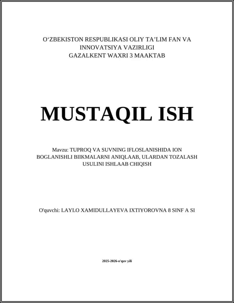 Tuproq va suvdagi ion bog'lanishli birikmalarni namuna olish va saqlash usullari