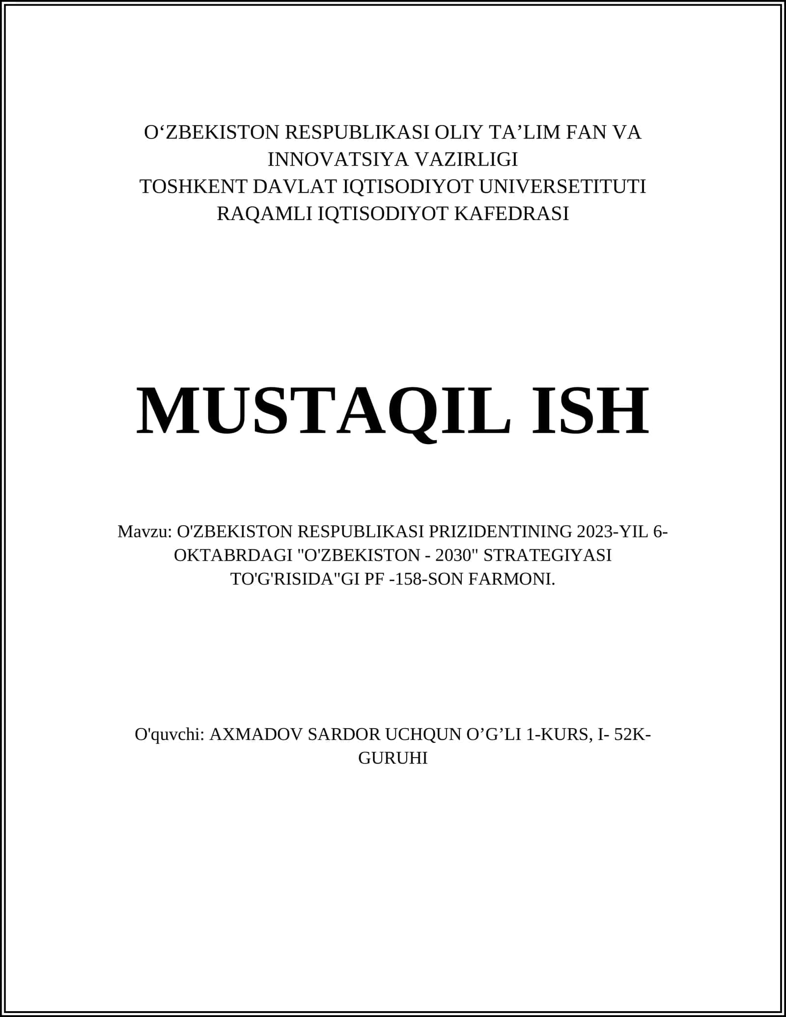 "O'ZBEKISTON - 2030" STRATEGIYASI TO'G'RISIDA"GI PF -158-SON FARMONI